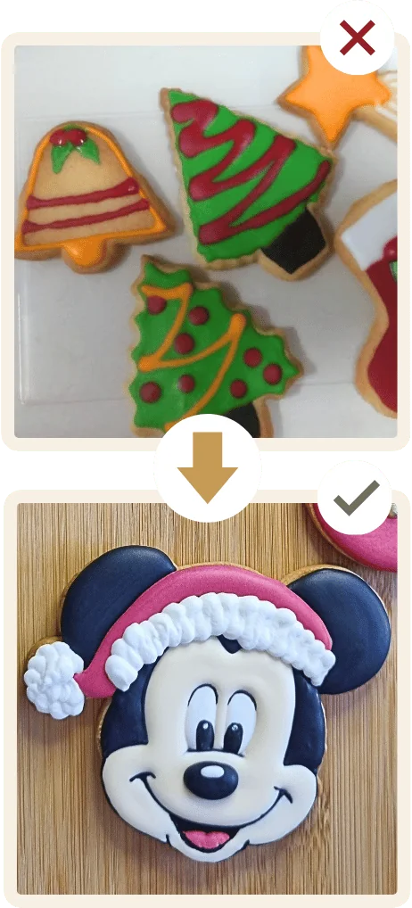 Antes: biscoitos com acabamento irregular. Depois: biscoito com acabamento profissional.