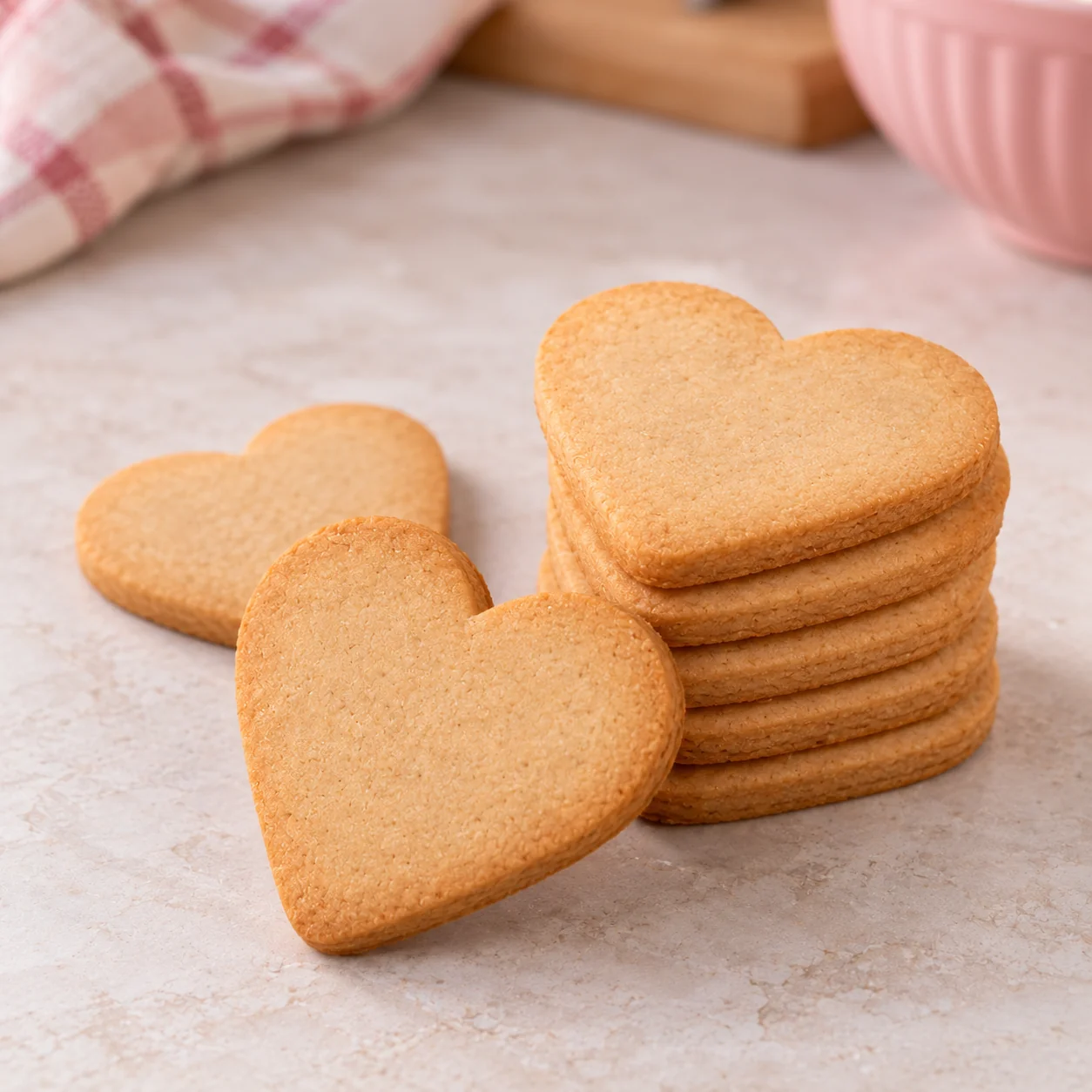 Biscoitos assados em formato de coração, planos e uniformes.