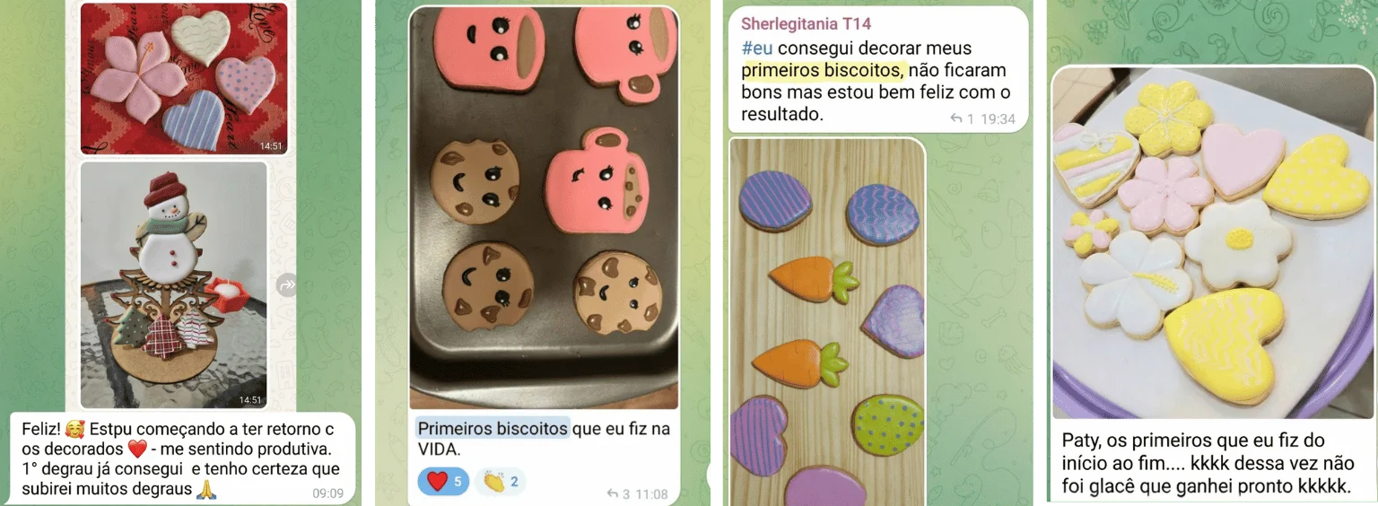 Fotos e relatos dos primeiros biscoitos decorados pelas alunas.