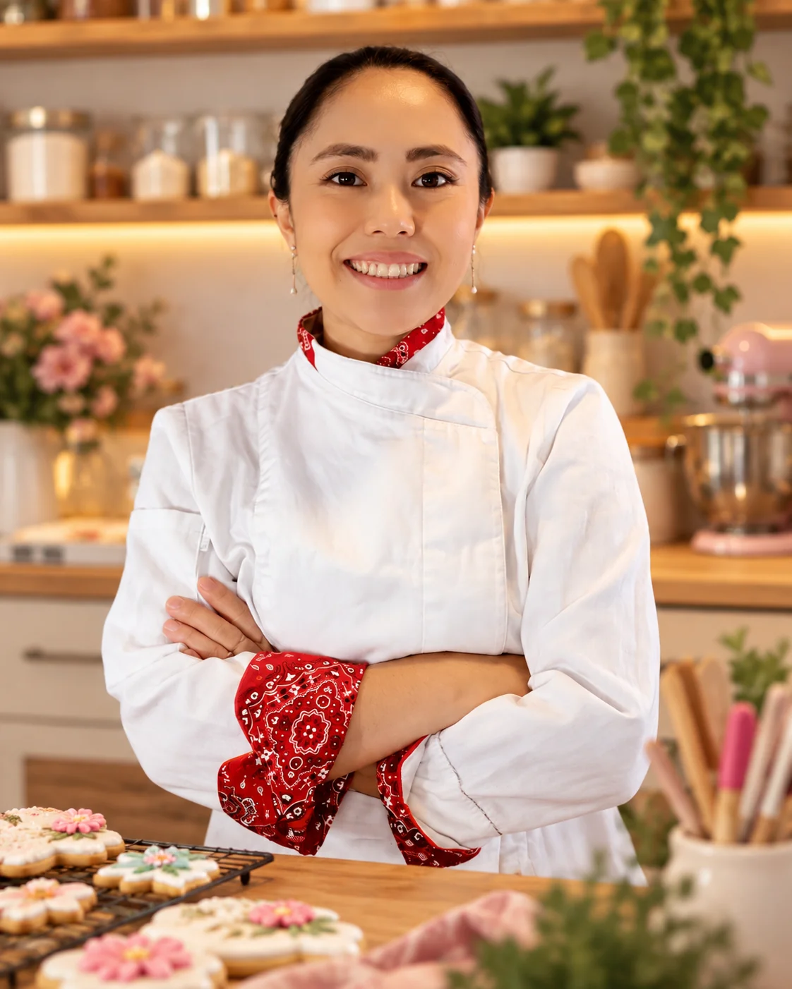 Paty Kossugue, confeiteira e professora da Oficina, de jaleco branco com forro estampado, sorrindo ao lado de biscoitos decorados em forma de flor na bancada da cozinha.
