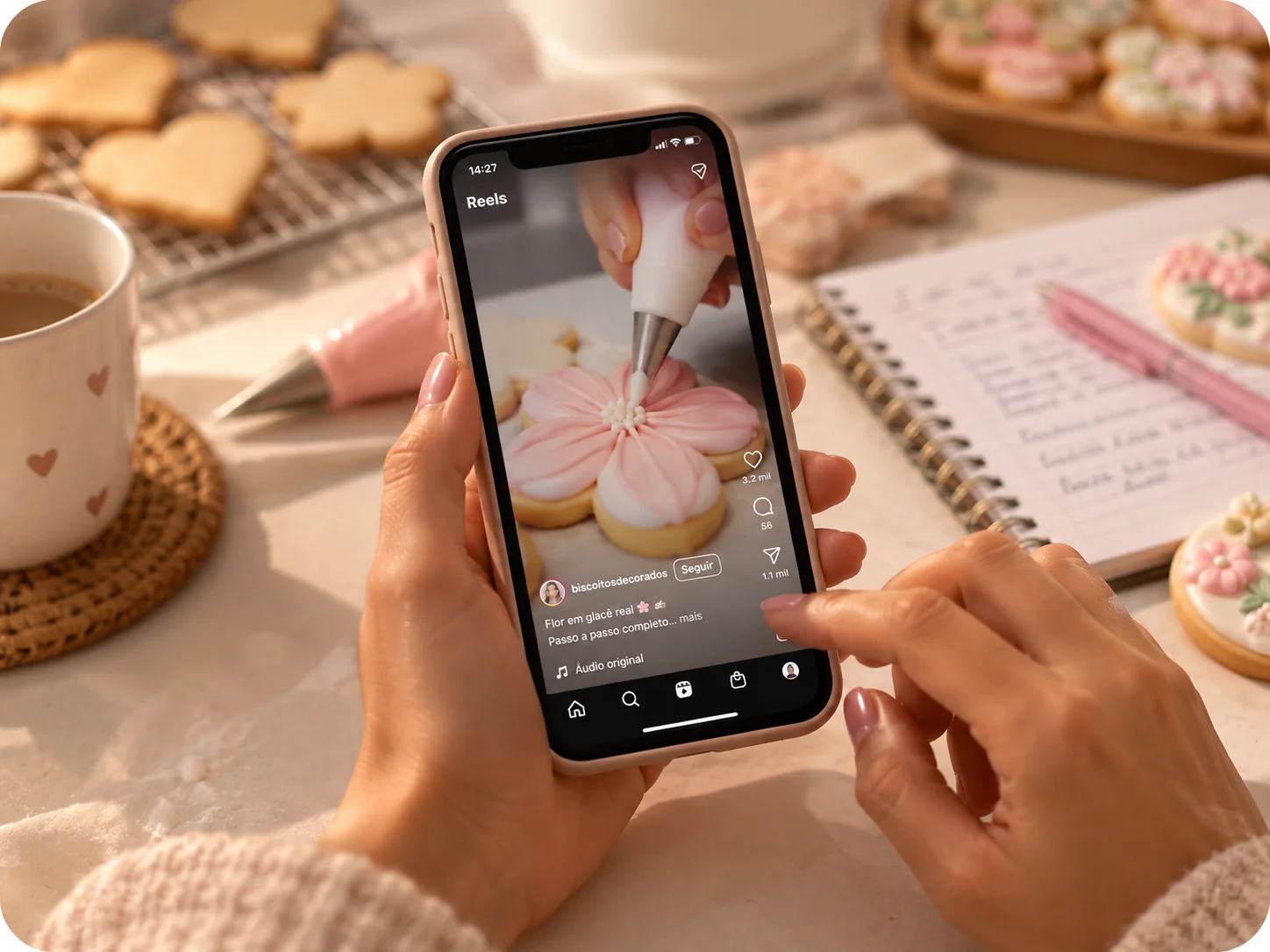 Mulher alternando entre vídeos de confeitaria no celular e anotações de receitas.