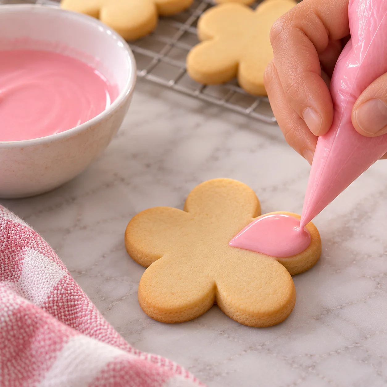 Mão aplicando glacê rosa em um biscoito com saco de confeitar sem bico.