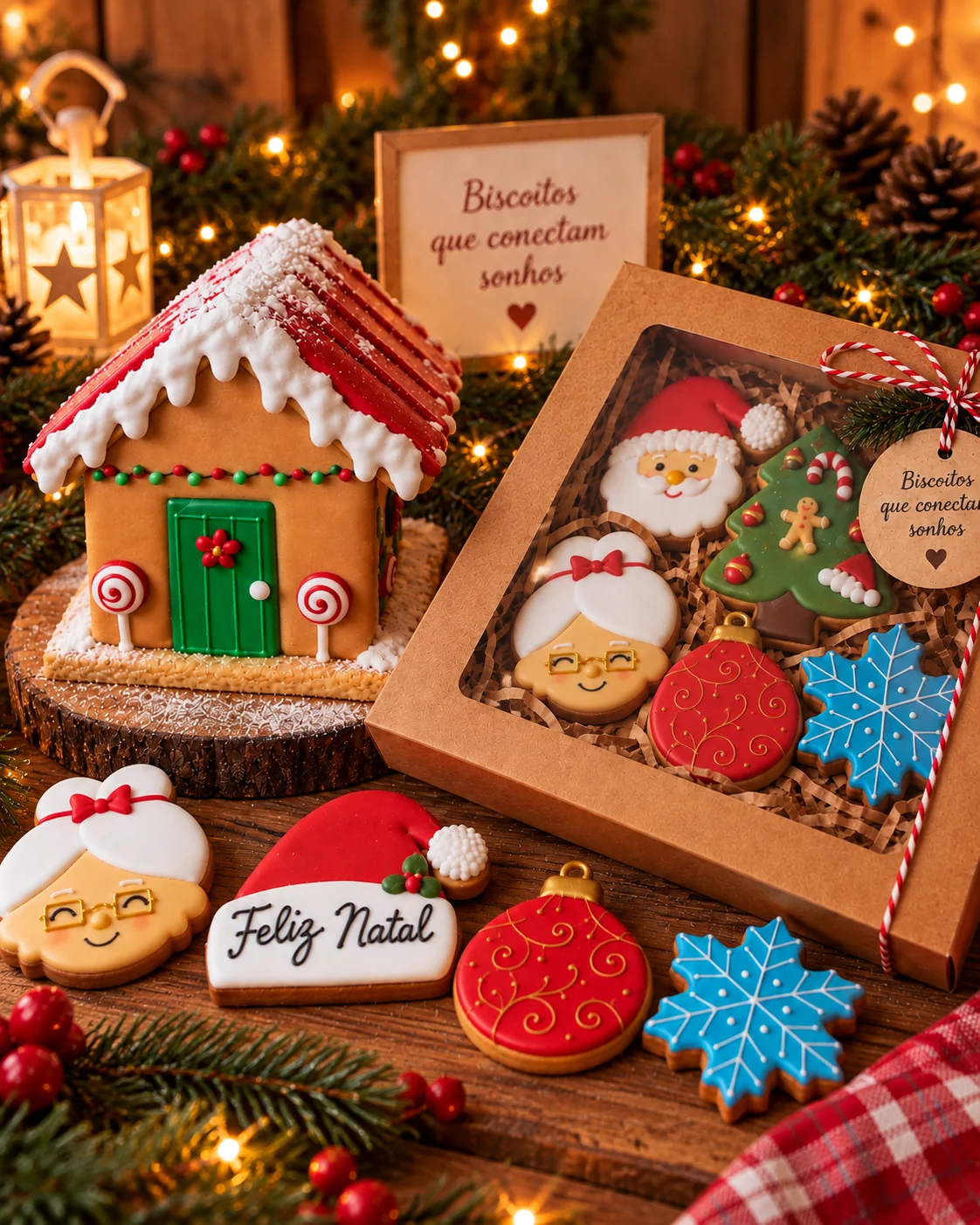 Casinha de biscoito decorada ao lado de uma caixa de presente com biscoitos de Natal e a plaquinha Biscoitos que conectam sonhos