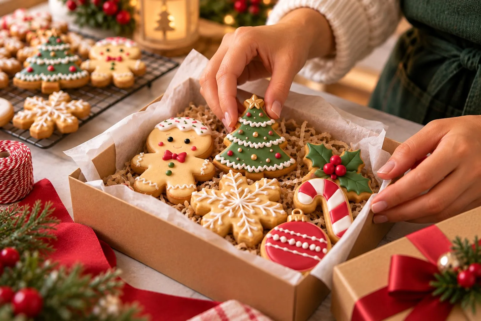 Caixa de presente natalina recheada de biscoitos decorados finalizados.