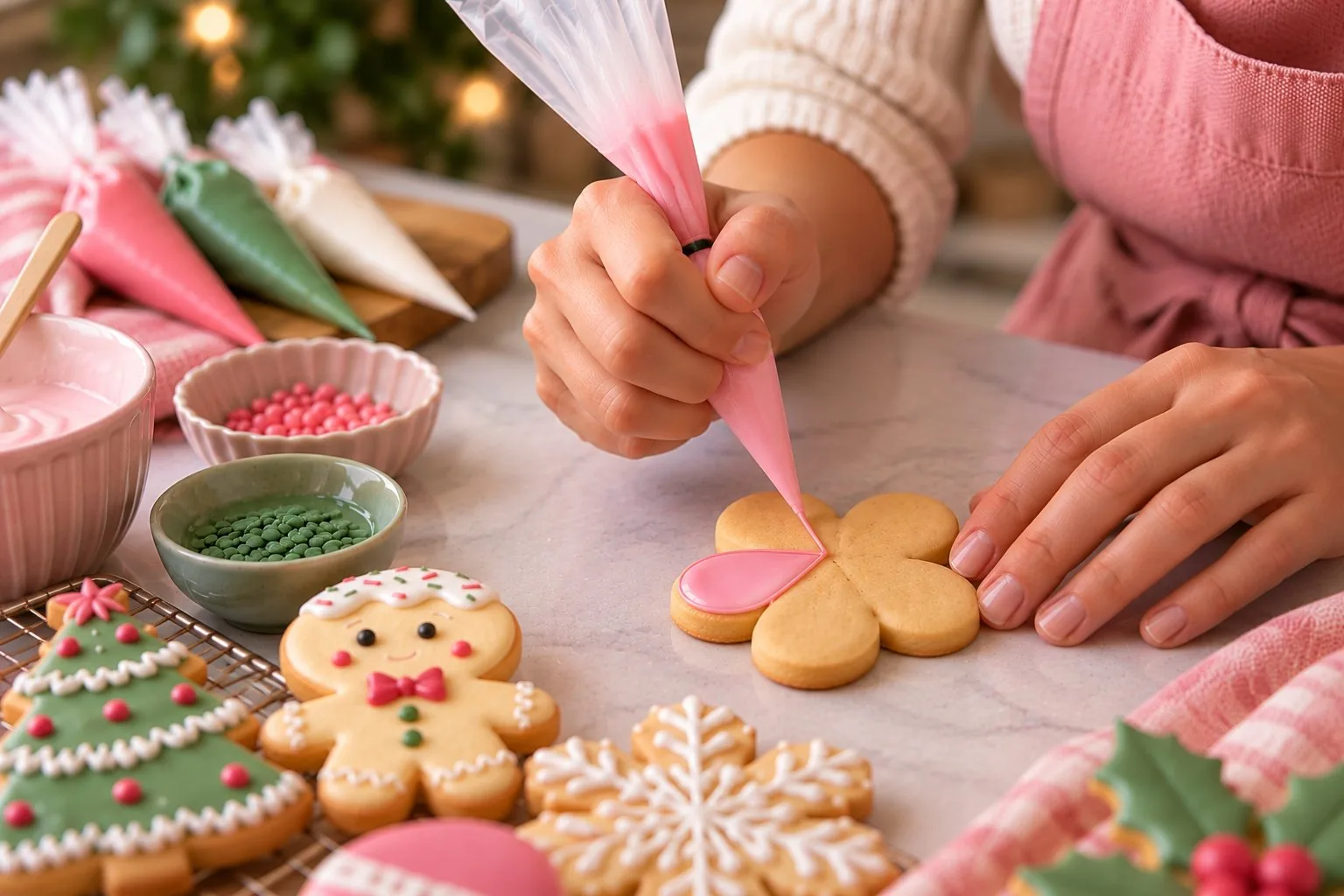 Mãos firmes confeitando com glacê rosa, com traço preciso e sem escorrer.