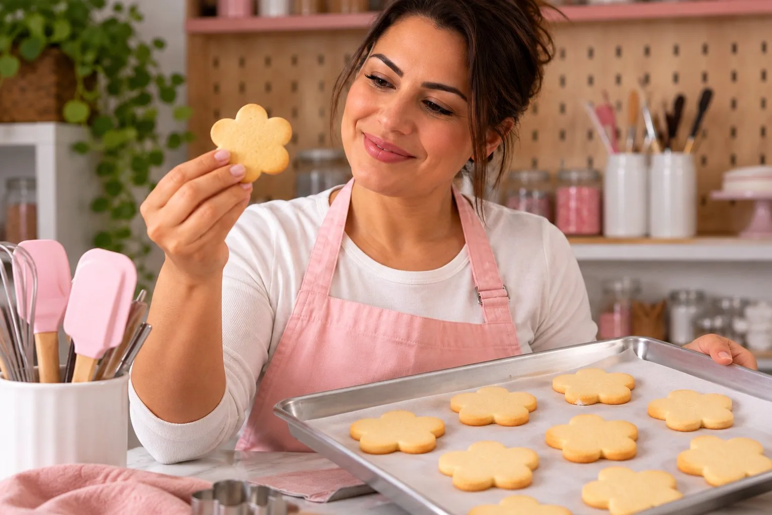 Confeiteira sorrindo enquanto admira um biscoito assado liso e bem definido, com a assadeira cheia de biscoitos uniformes à frente.