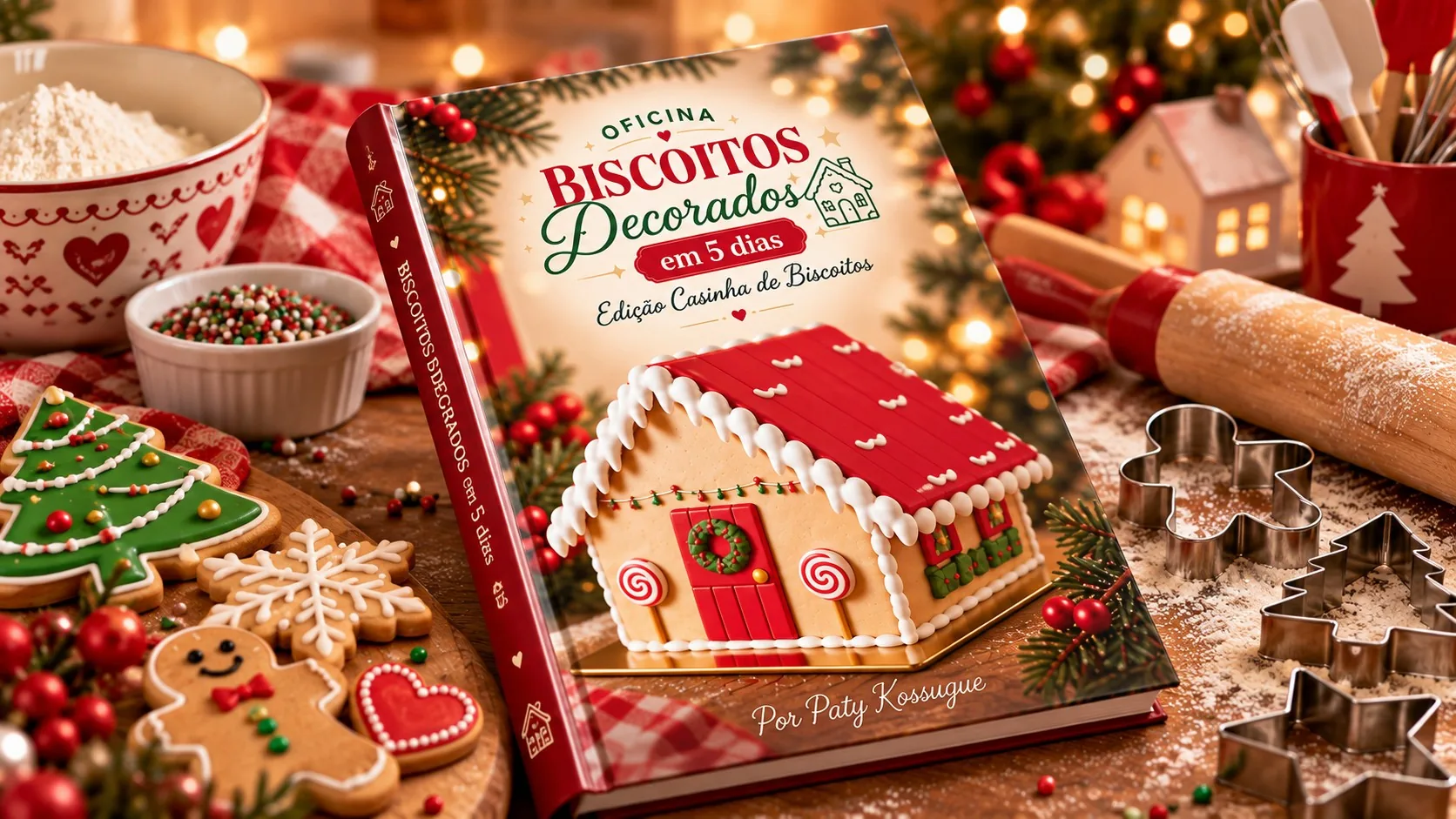 Livro do e-book da Oficina Biscoitos Decorados em 5 dias sobre mesa de madeira, com biscoitos de Natal decorados ao redor.