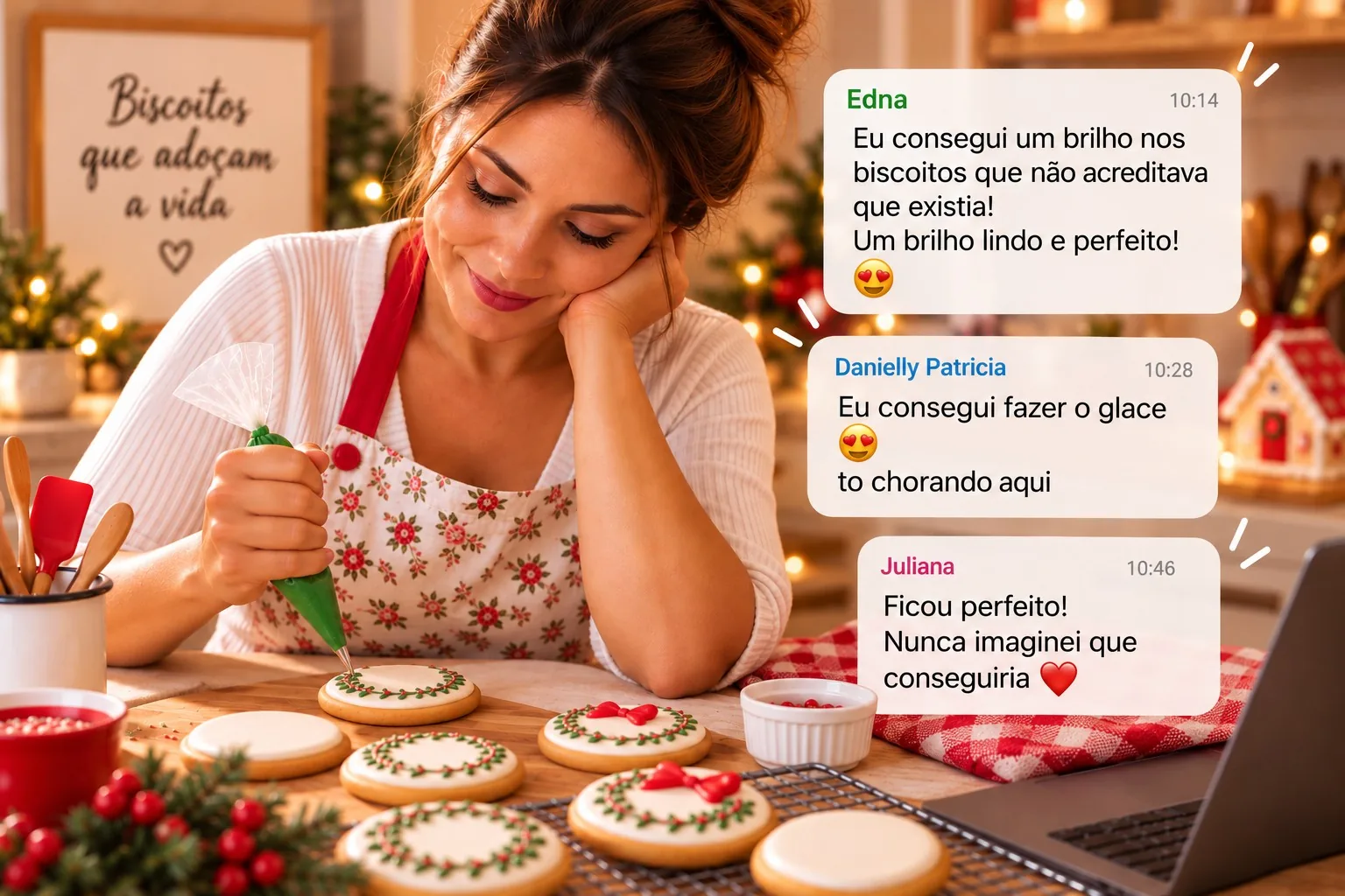 Confeiteira decorando biscoitos com mensagens reais de alunas comemorando que conseguiram fazer o glacê.