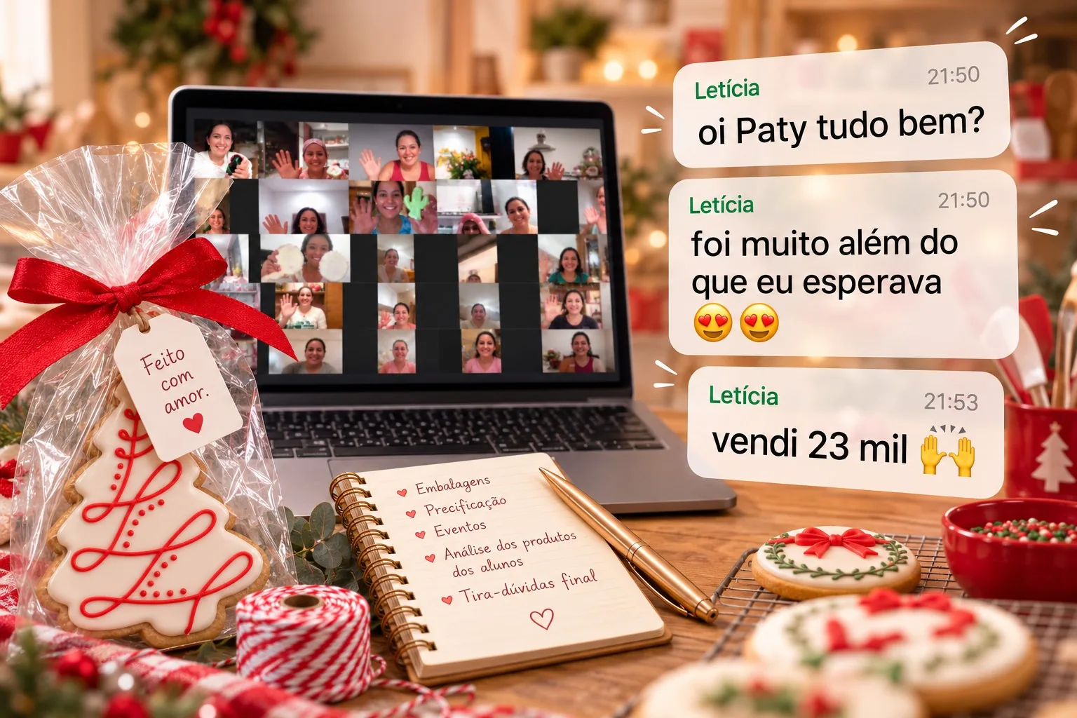 Imersão Final ao vivo: notebook com a aula, caderno com tópicos de negócio, biscoito de Natal em embalagem de presente e mensagens da Letícia comemorando R$ 23 mil em vendas.