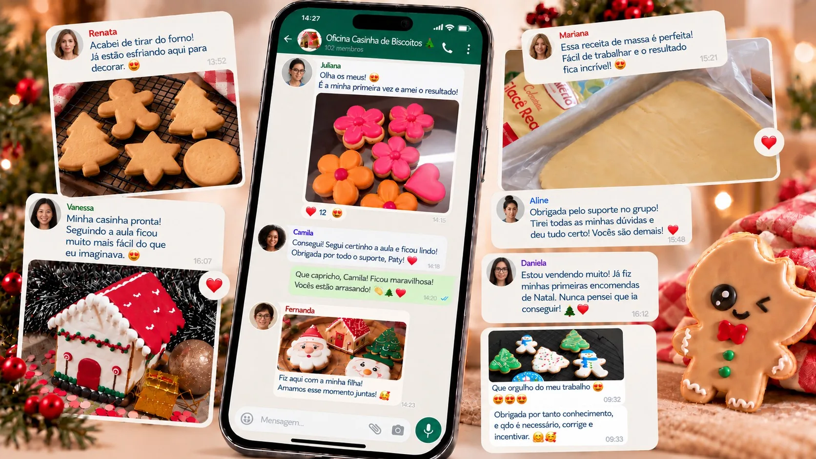 Celular mostrando o grupo exclusivo da oficina no WhatsApp, com mensagens de alunas compartilhando suas casinhas de biscoitos.