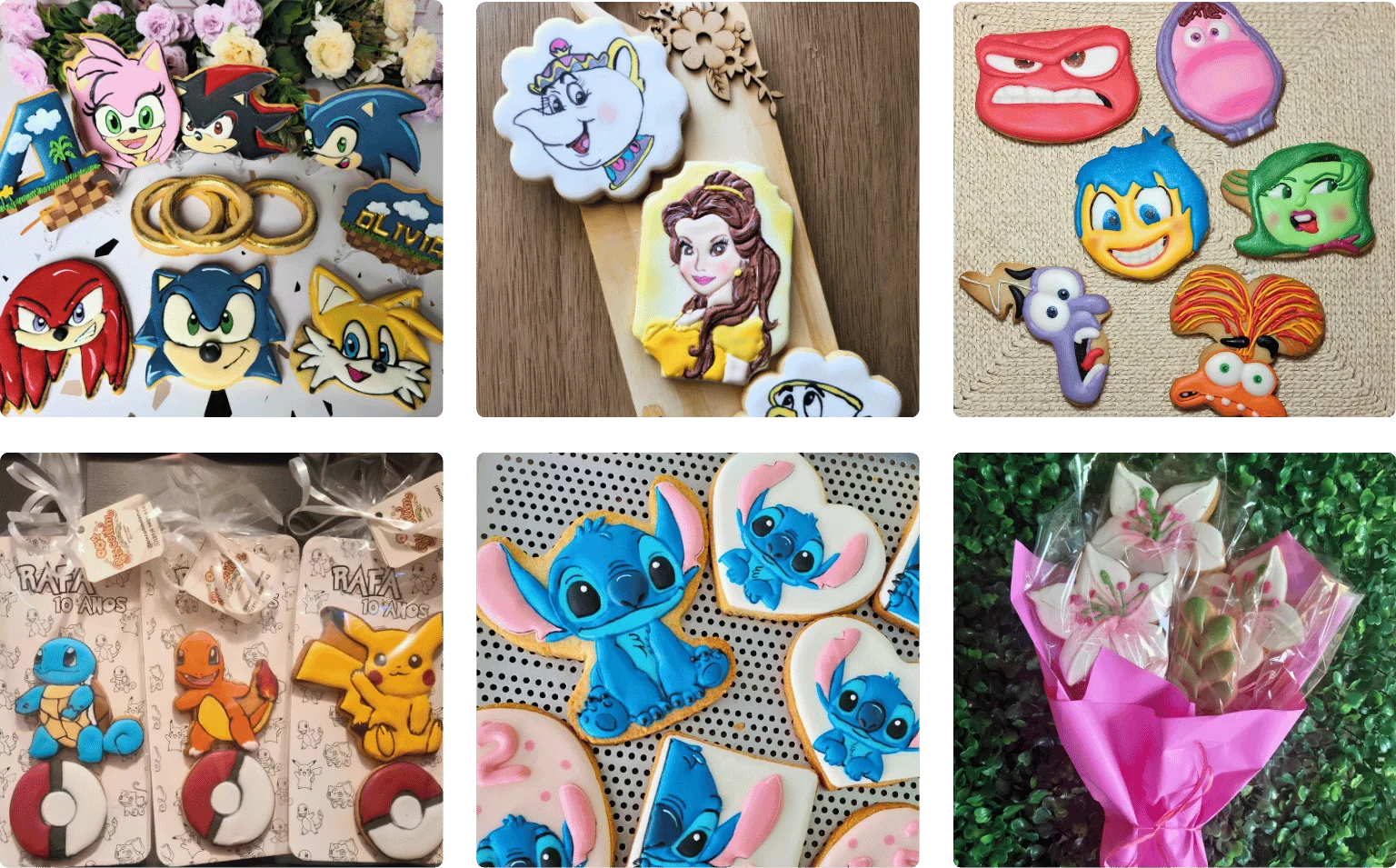 Galeria de biscoitos decorados com diferentes personagens, temas e projetos.